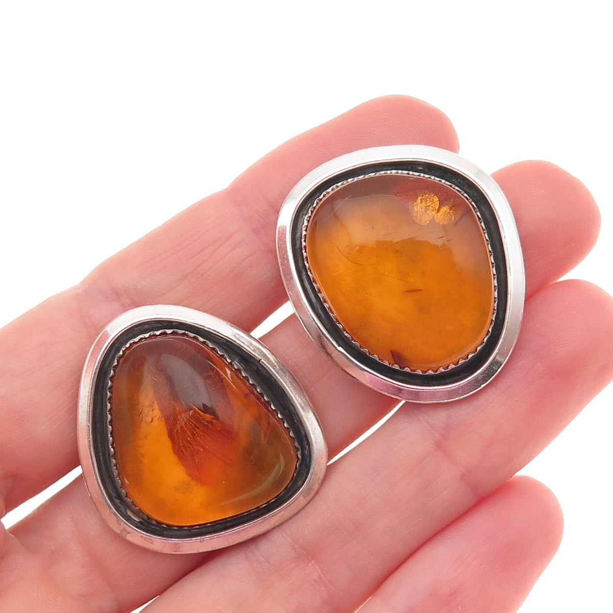 925 Sterling Silver Vintage Real Amber Modernist Oxidized Earrings