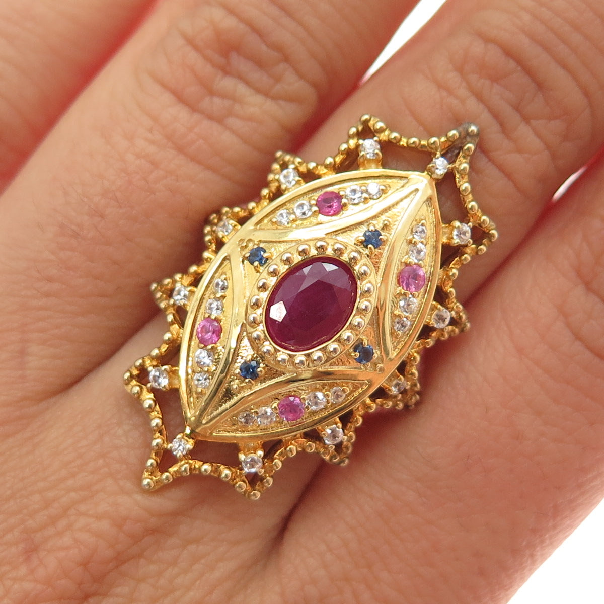 DSMK 925 Sterling Silver Gold Plated Real Sapphire Ruby & Topaz Ring Size 7.25