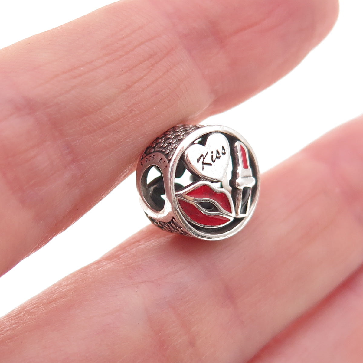 Pandora 925 Sterling Silver Enamel Glamour Kiss Slide Bead Charm