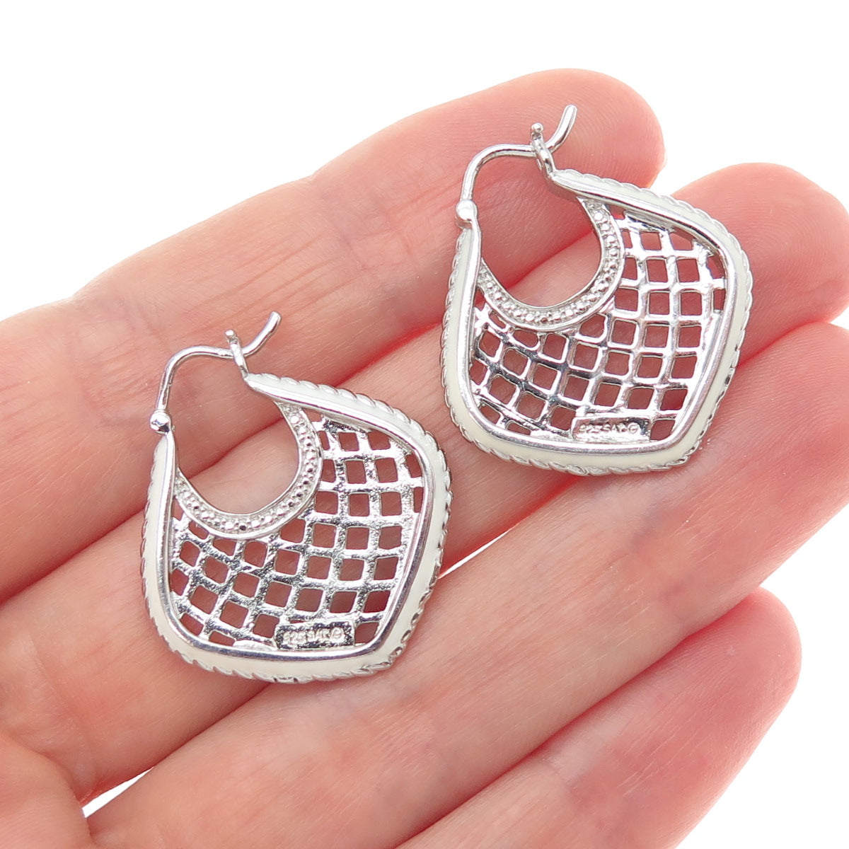 SAI 925 Sterling Silver Enamel Round-Cut C Z Cage Heart Earrings