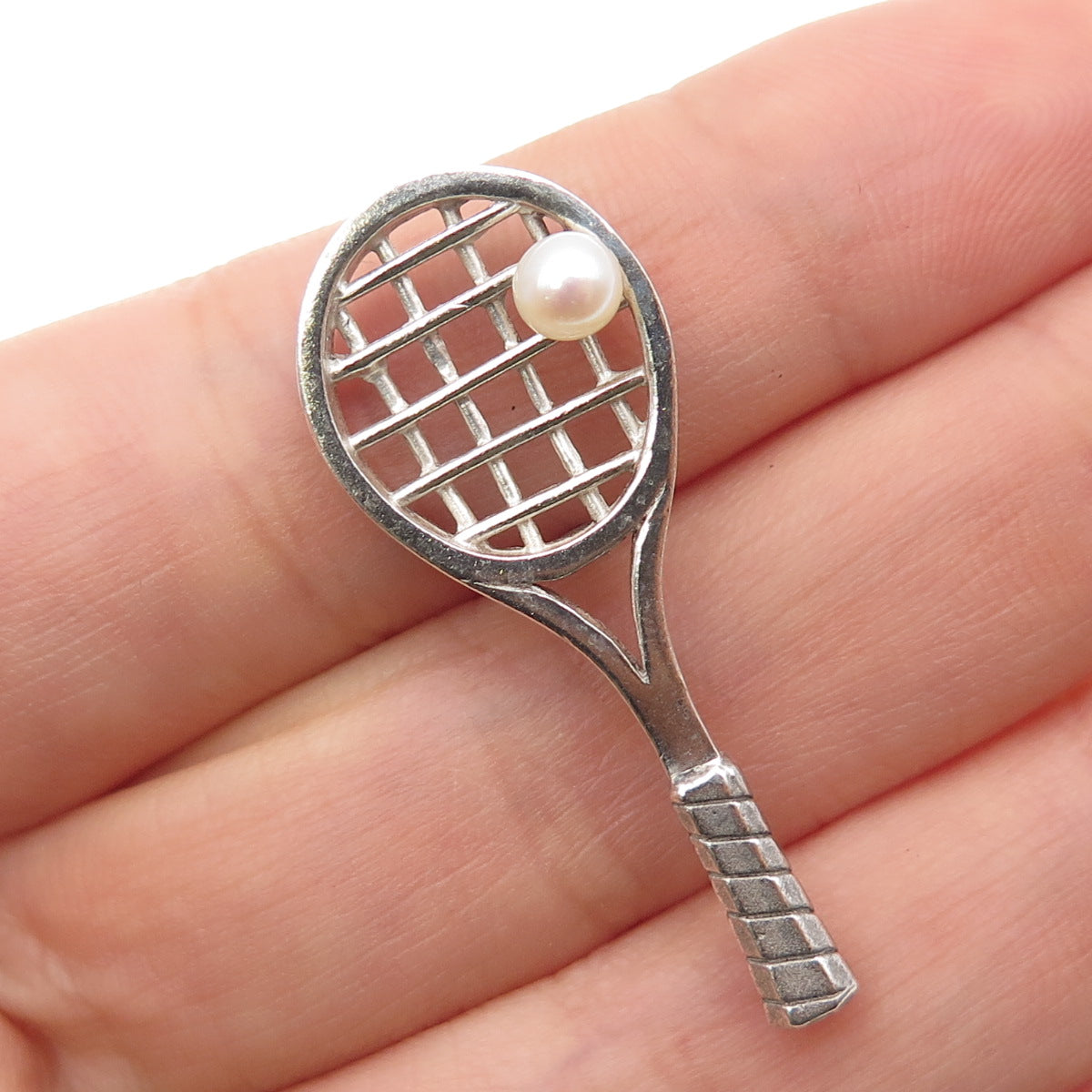 925 Sterling Silver Vintage Real Pearl Tennis Racket Tie Tack / Lapel Pin