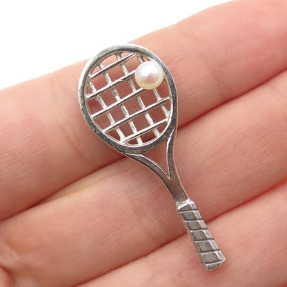 925 Sterling Silver Vintage Real Pearl Tennis Racket Tie Tack / Lapel Pin