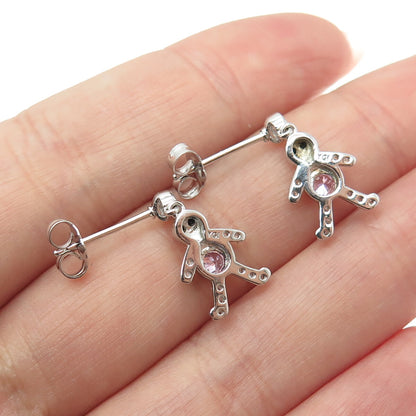 925 Sterling Silver Enamel Purple & White C Z February Birthstone Boy Earrings