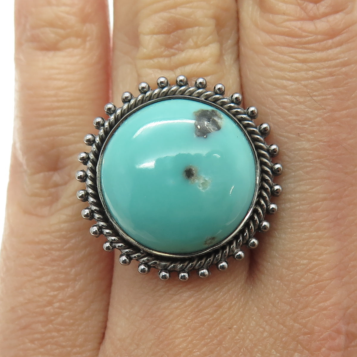 DSMK 925 Sterling Silver Sleeping Beauty Turquoise Beaded Oxidized Ring Size 6.5