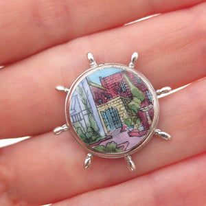 925 Sterling Silver Antique Art Deco Old Town Hand-Painted Ship's Wheel Brooch