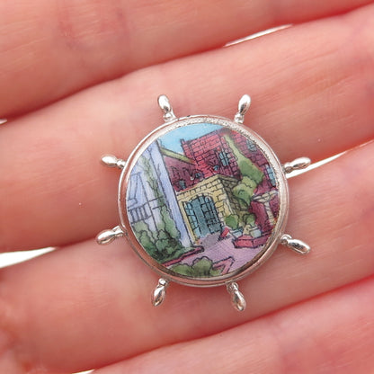 925 Sterling Silver Antique Art Deco Old Town Hand-Painted Ship's Wheel Brooch
