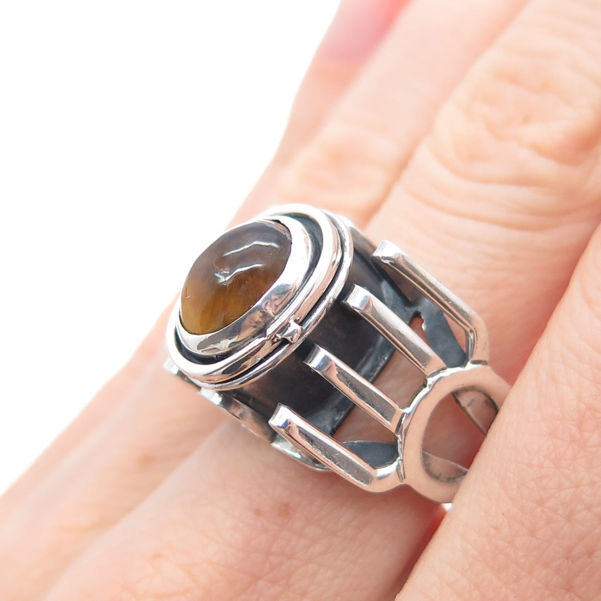 925 Sterling Silver Vintage Mexico Tiger Eye Modernist Oxidized Ring Size 7.25