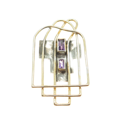 YES SILVER JEWELRY 925 Sterling Silver 2-Tone Vintage Amethyst Modernist Pendant