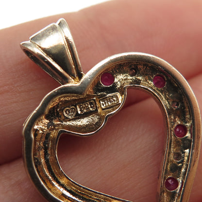 925 Sterling Silver Gold Plated Vintage Real Diamond & Ruby Heart Charm Pendant
