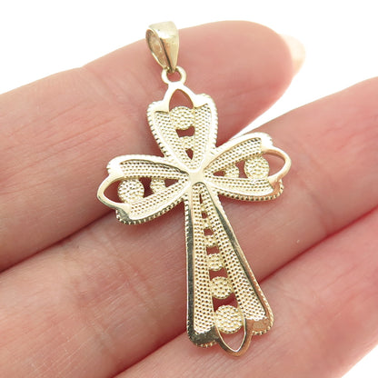 14K Yellow & White Gold Diamond-Cut Floral Cross Religious Charm Pendant