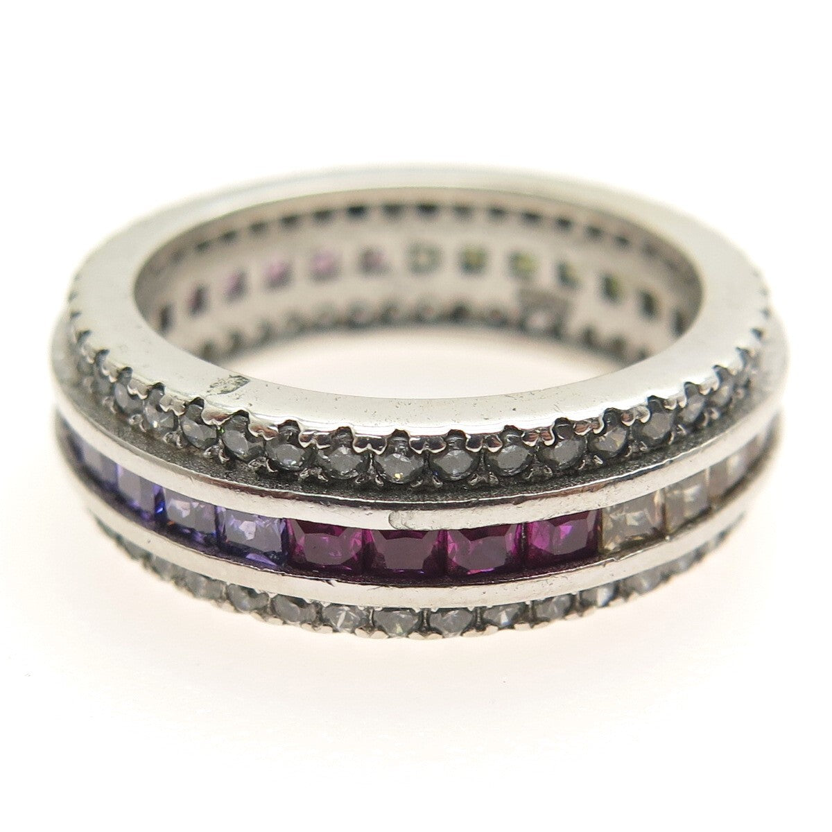 925 Sterling Silver Princess & Round-Cut Multi-Color C Z Eternity Ring Size 7.25