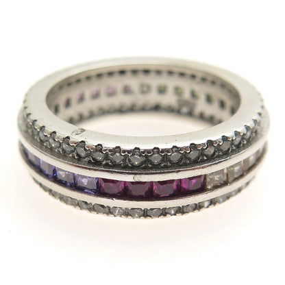 925 Sterling Silver Princess & Round-Cut Multi-Color C Z Eternity Ring Size 7.25