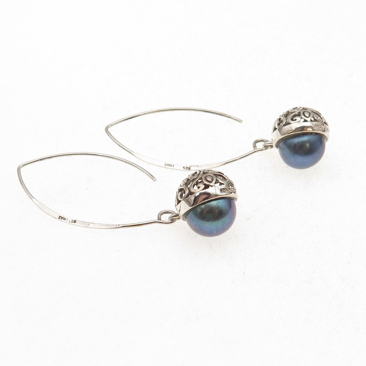 Collins 925 Sterling Silver Vintage Real Tahitian Pearl Dangle Earrings