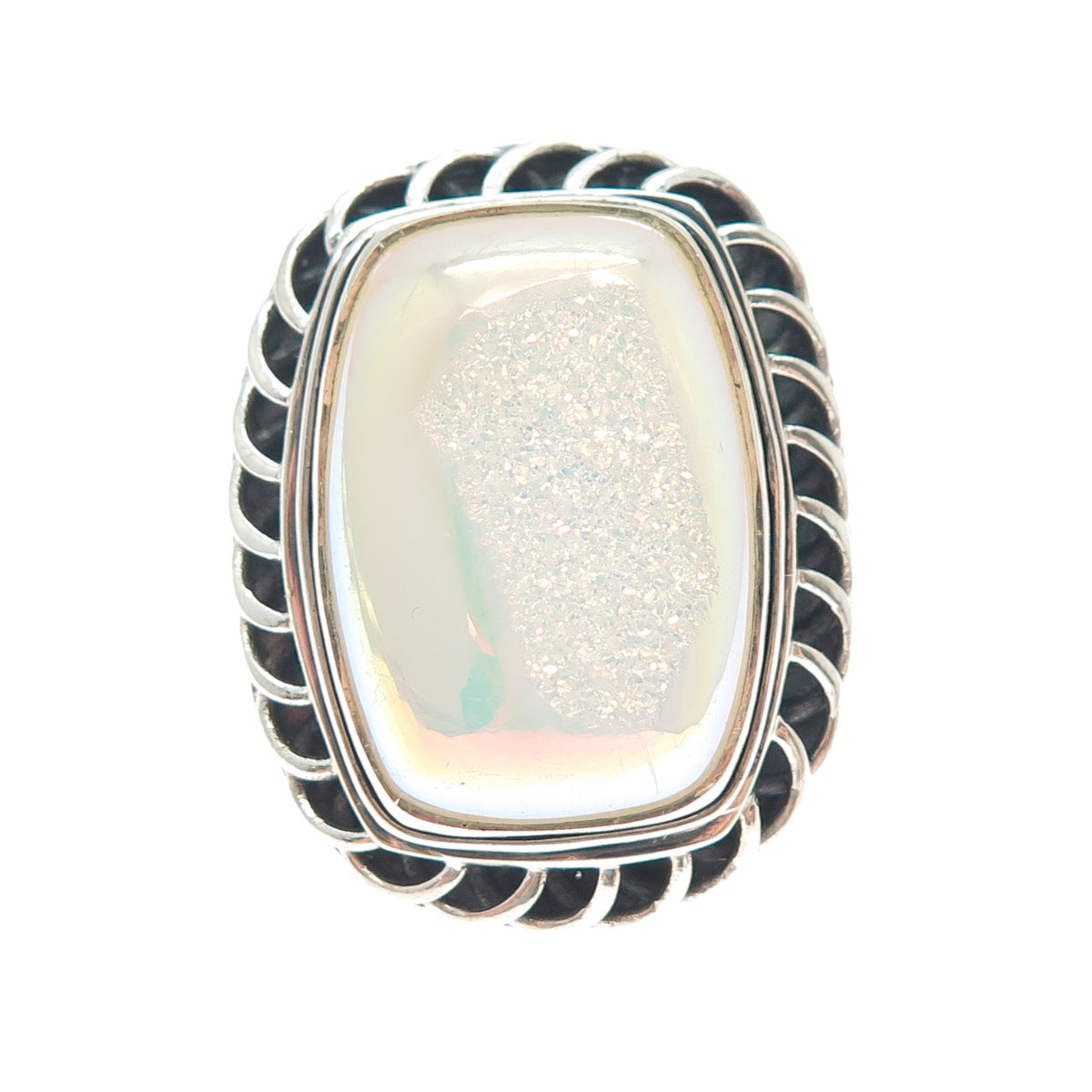 925 Sterling Silver Vintage Real Opalescent Druzy Modernist Ring Size 6.25