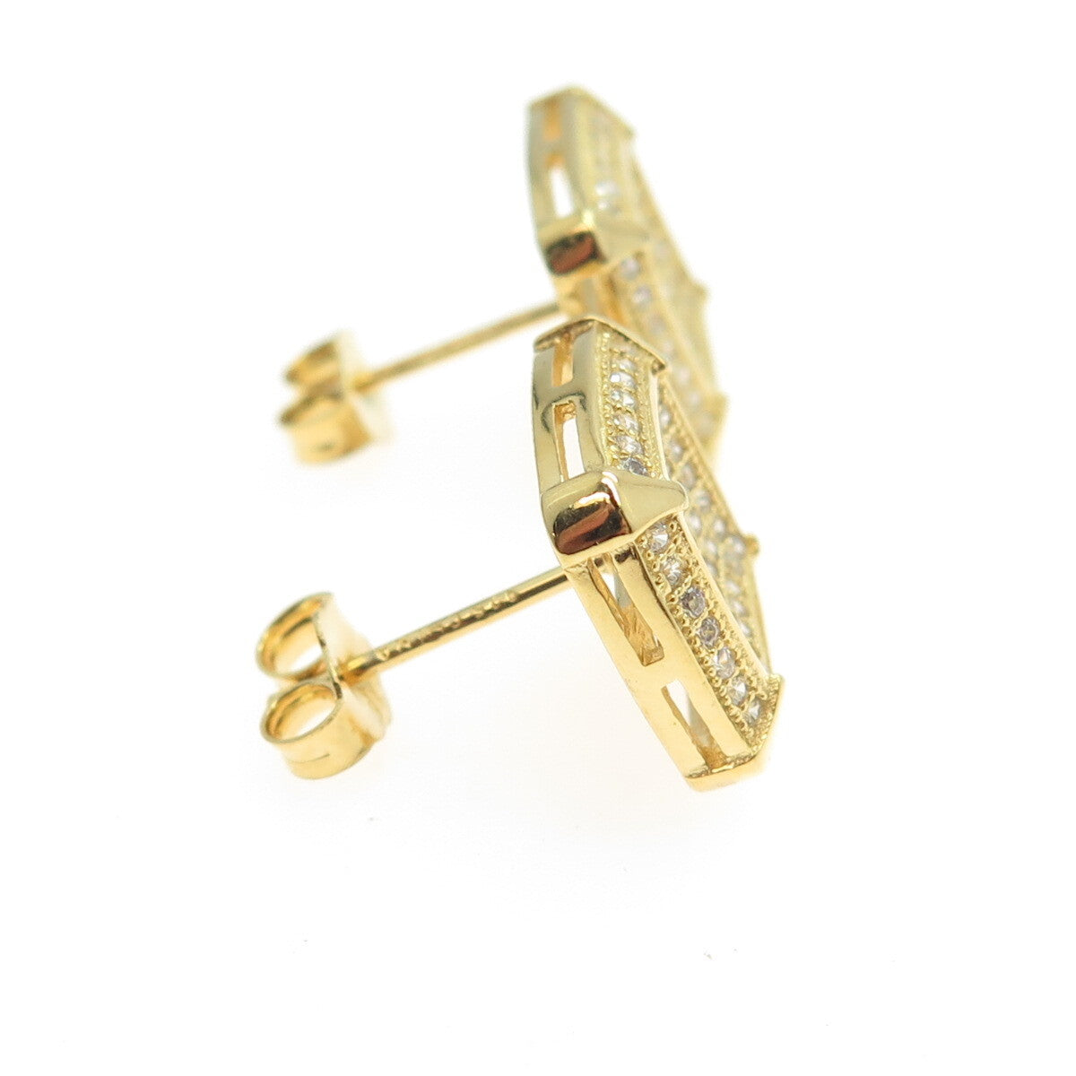 925 Sterling Silver Gold Plated Pave C Z Stud Earrings