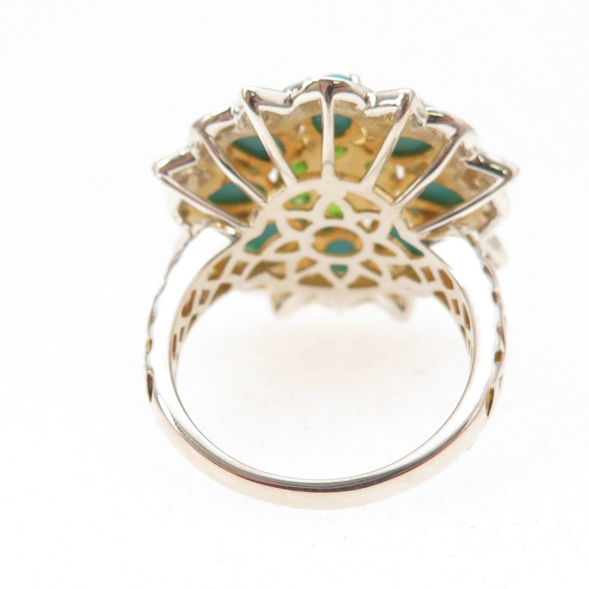 925 Sterling Silver 2-Tone Real Turquoise Tanzanite & Peridot Ring Size 8.25