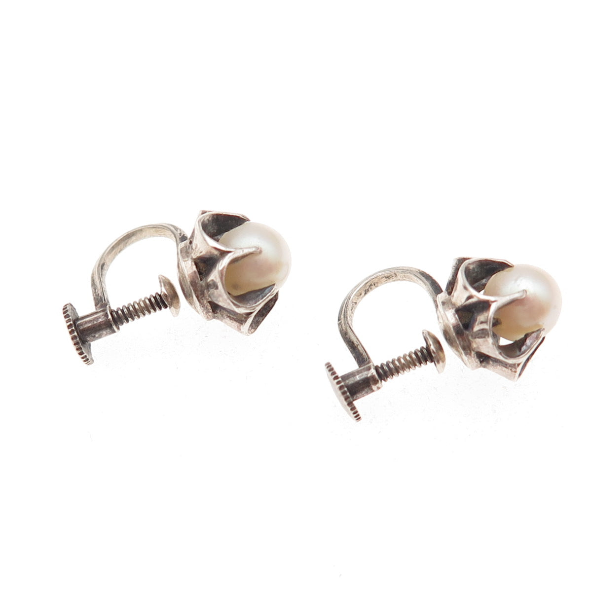 925 Sterling Silver Antique Real Akoya Pearl Floral Oxidized Screw Back Earrings