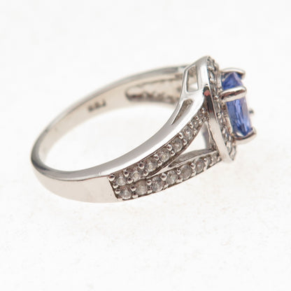 925 Sterling Silver Real Oval-Cut Tanzanite & Round-Cut White Topaz Ring Size 8