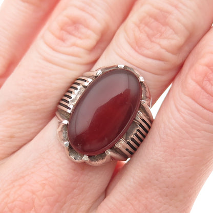 925 Sterling Silver Vintage Real Carnelian Modernist Oxidized Ring Size 9.5