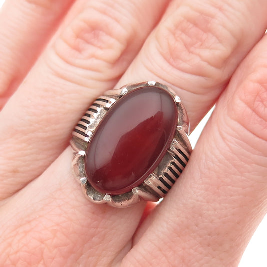 925 Sterling Silver Vintage Real Carnelian Modernist Oxidized Ring Size 9.5