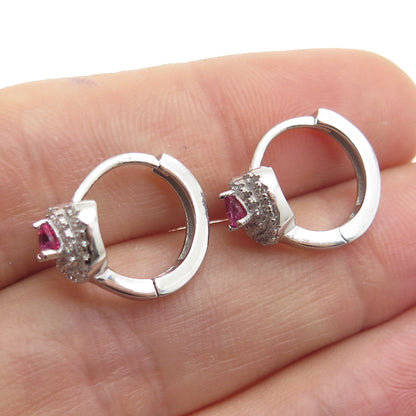 925 Sterling Silver Pink Heart-Cut & White Round-Cut Shaped C Z Hoop Earrings