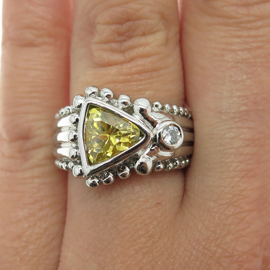 925 Sterling Silver Real Lime Citrine Gem & Round-Cut Shaped C Z Ring Size 7