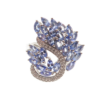 925 Sterling Silver Real Marquise-Cut Tanzanite & White Topaz Ring Size 8