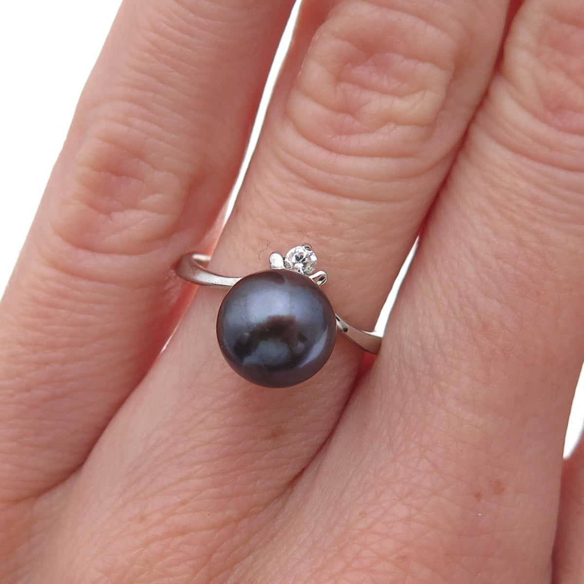925 Sterling Silver Real Tahitian Pearl & C Z Ring Size 5.75