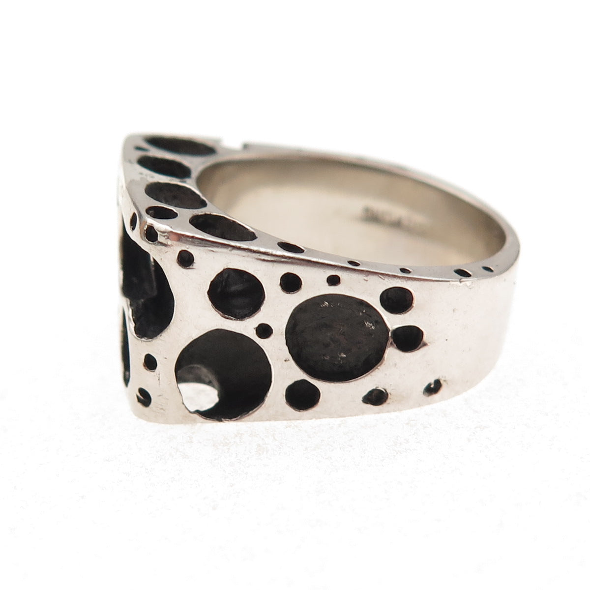 925 Sterling Silver Vintage Modernist Swiss Cheese Oxidized Ring Size 8.75