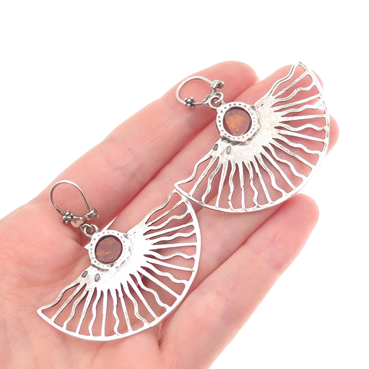 925 Sterling Silver Vintage Poland Real Amber Sun Modernist Dangle Earrings