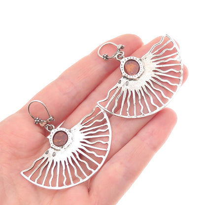 925 Sterling Silver Vintage Poland Real Amber Sun Modernist Dangle Earrings
