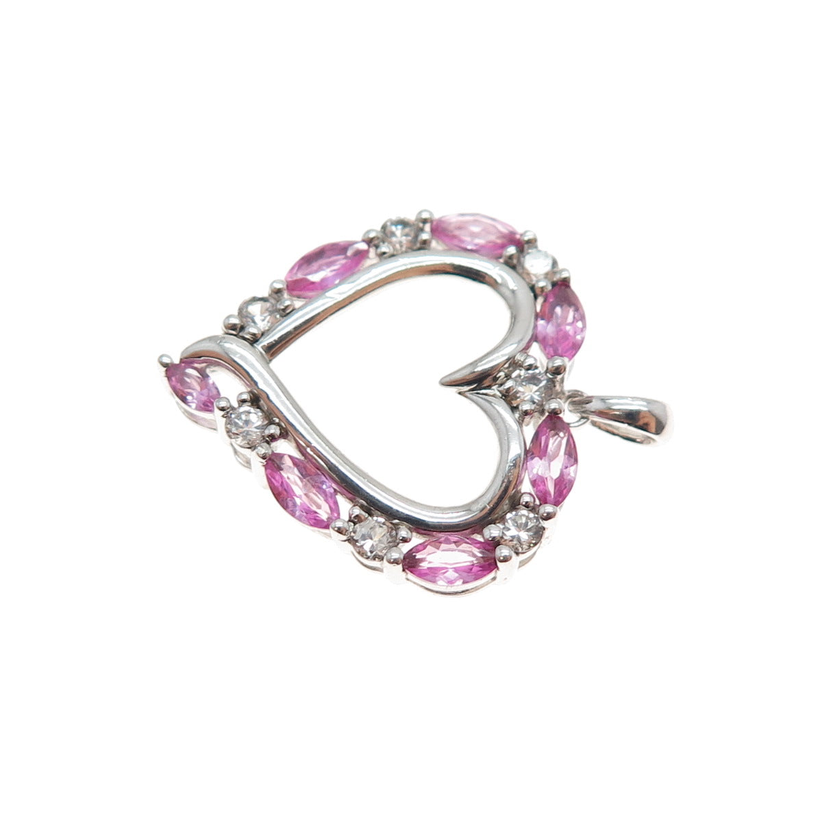 SAI 925 Sterling Silver Real Pink Sapphire & White Topaz Heart Charm Pendant