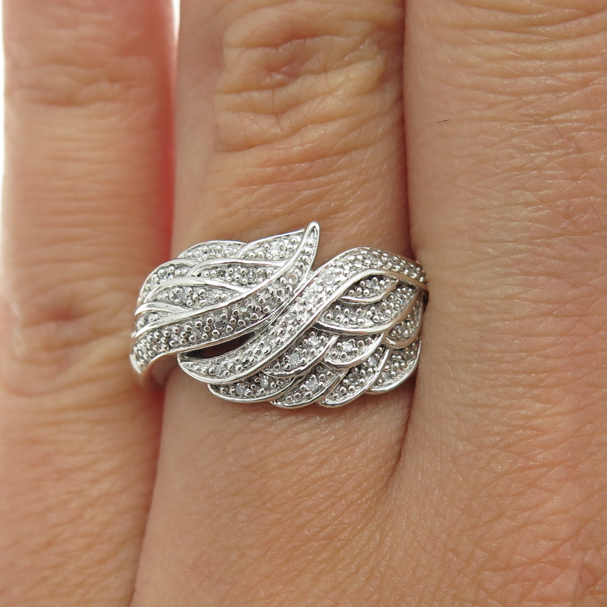 925 Sterling Silver Real Round-Cut Diamond Angel Wing Ring Size 7