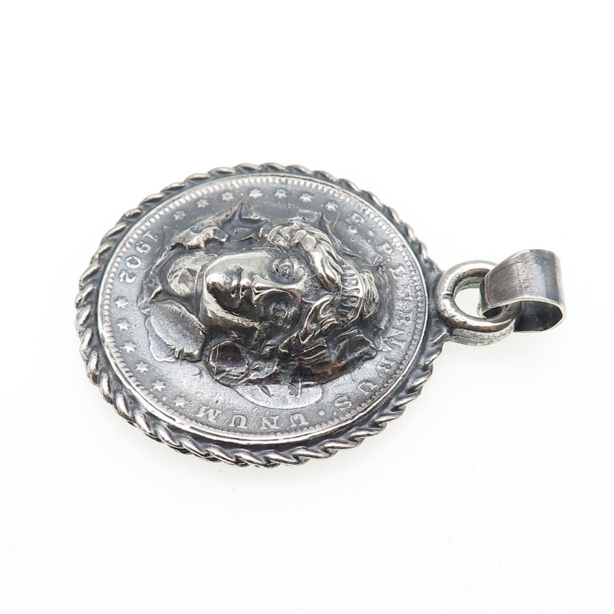 900 Silver Antique 1902 One Morgan Dollar Repousse Oxidized Charm Pendant