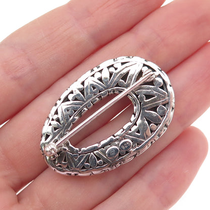 925 Sterling Silver Vintage Modernist Floral Oxidized Pin Brooch