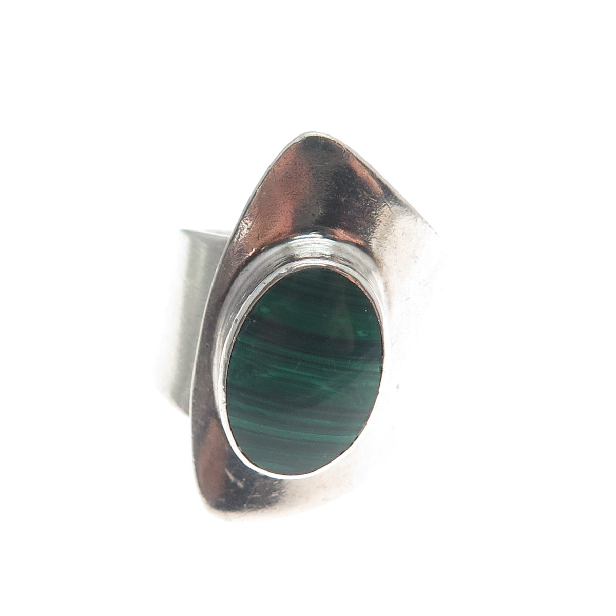 925 Sterling Silver Vintage Real Malachite Gem Modernist Statement Ring Size 6.5