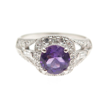 925 Sterling Silver Real Round-Cut C Z Amethyst & C Z Ring Size 9