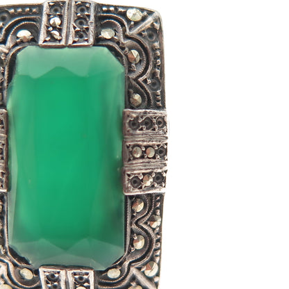 925 Sterling Antique Green Onyx & Marcasite Ring Size 7.75 (missing 25 stones)