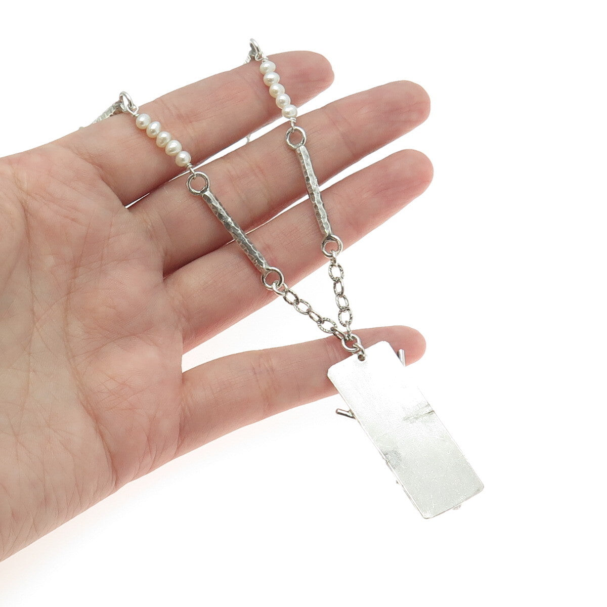 925 Sterling Silver Vintage Real Pearl Branch Modernist Bar Chain Necklace 18"