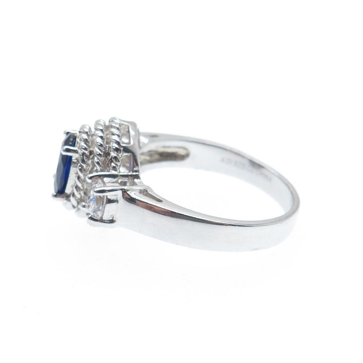925 Sterling Silver Real Sapphire Gemstone & C Z Roped Bezel Ring Size 7.25
