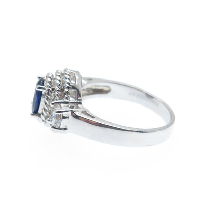 925 Sterling Silver Real Sapphire Gemstone & C Z Roped Bezel Ring Size 7.25
