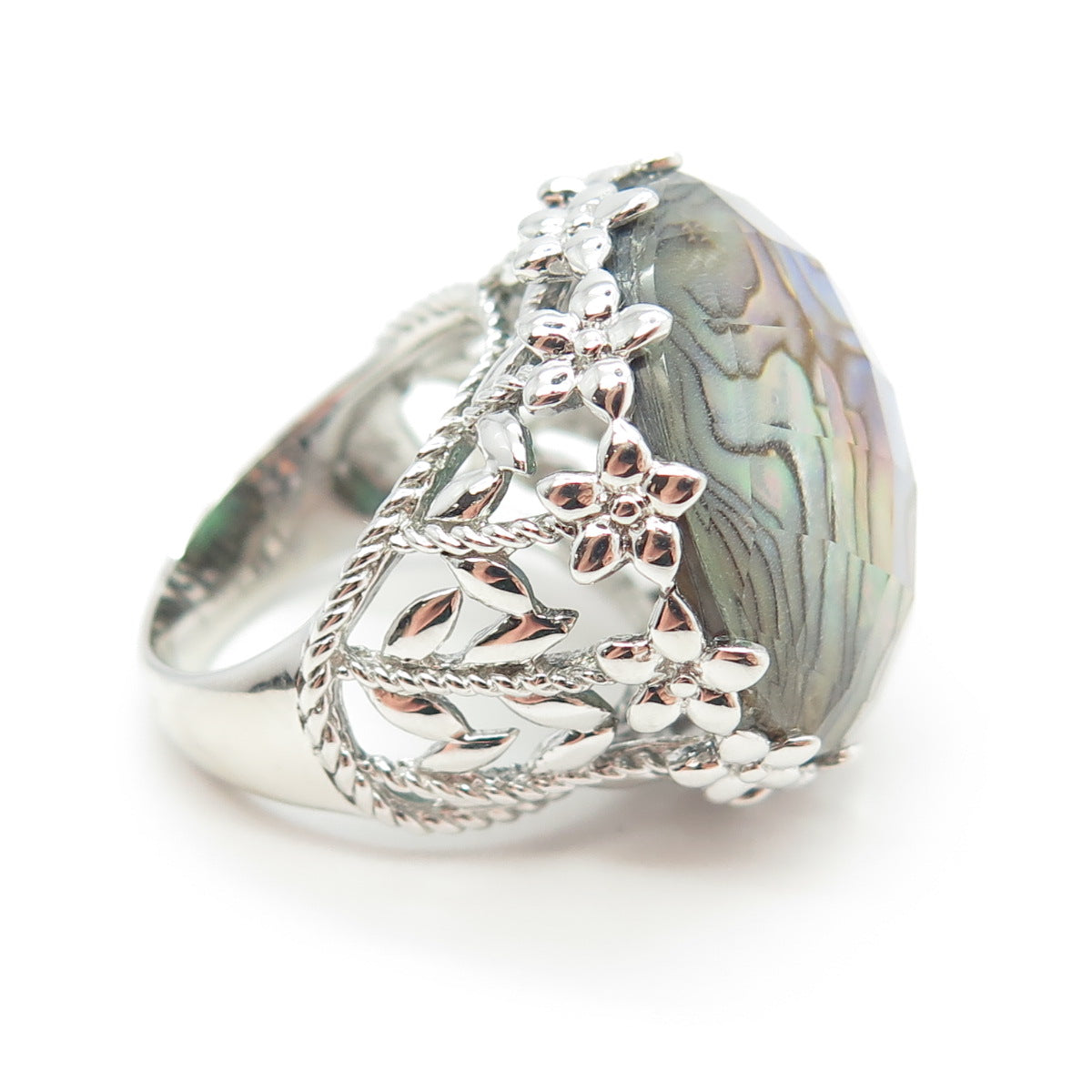 925 Sterling Silver Real Doublet Abalone Shell Floral Wide Ring Size 6.25