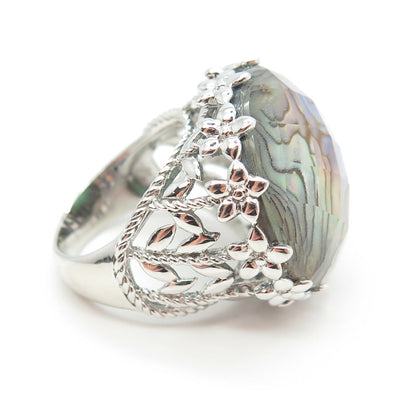 925 Sterling Silver Real Doublet Abalone Shell Floral Wide Ring Size 6.25