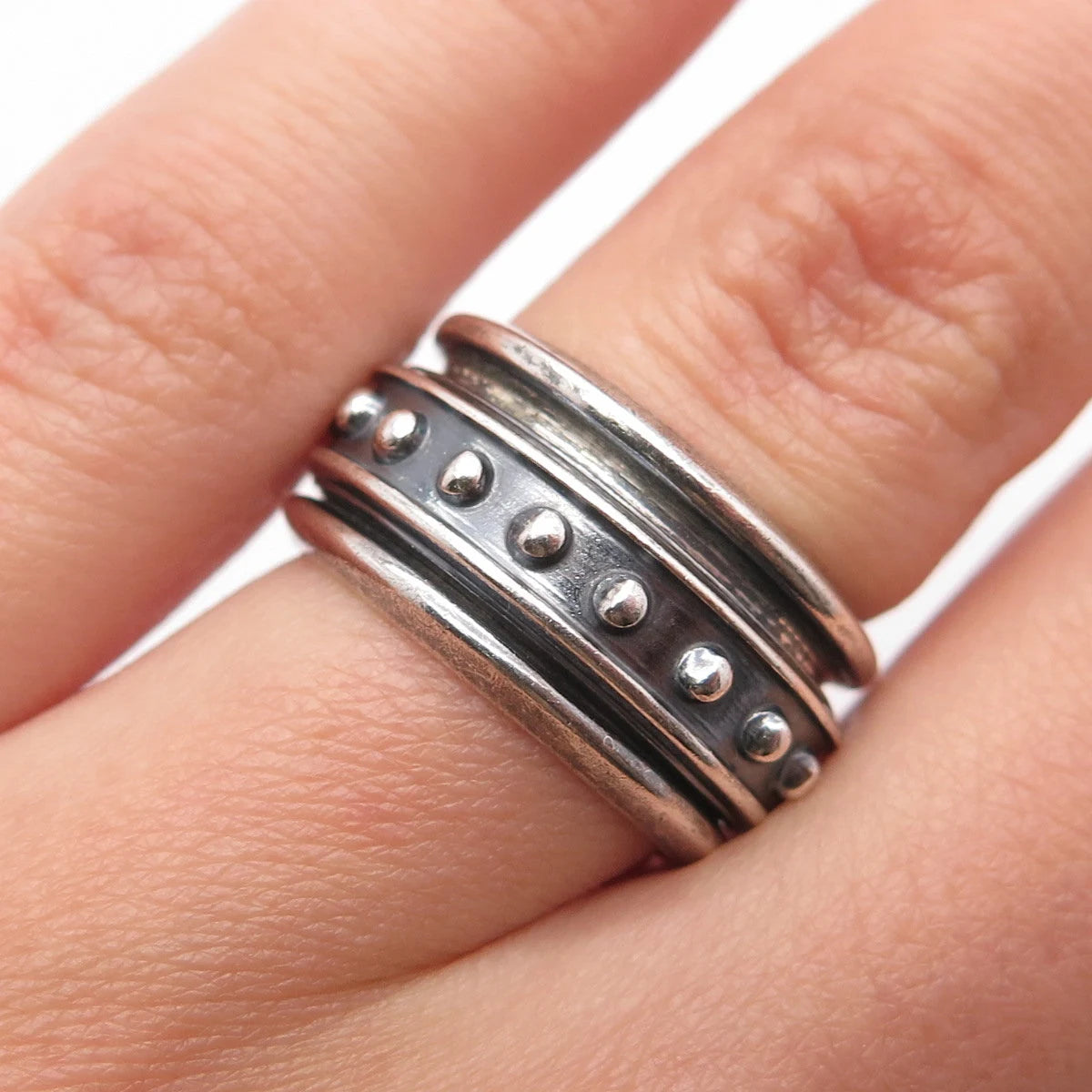 925 Sterling Silver Vintage Beaded Rotating Band Ring Size 5.25