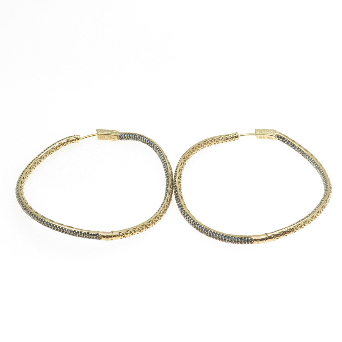 KLEO 925 Sterling Silver Gold Plated Round-Cut Blue C Z Wavy Large Hoop Earrings