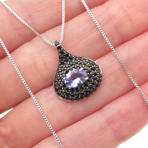 DSMK 925 Sterling Silver Real Tanzanite & Black Spinel Box Chain Necklace 18"