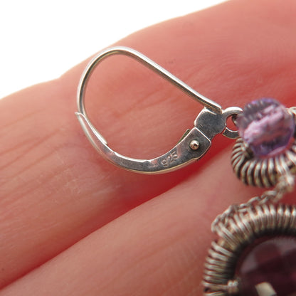 Atelier 925 Sterling Silver Vintage Real Rhodolite & Amethyst Dangle Earrings