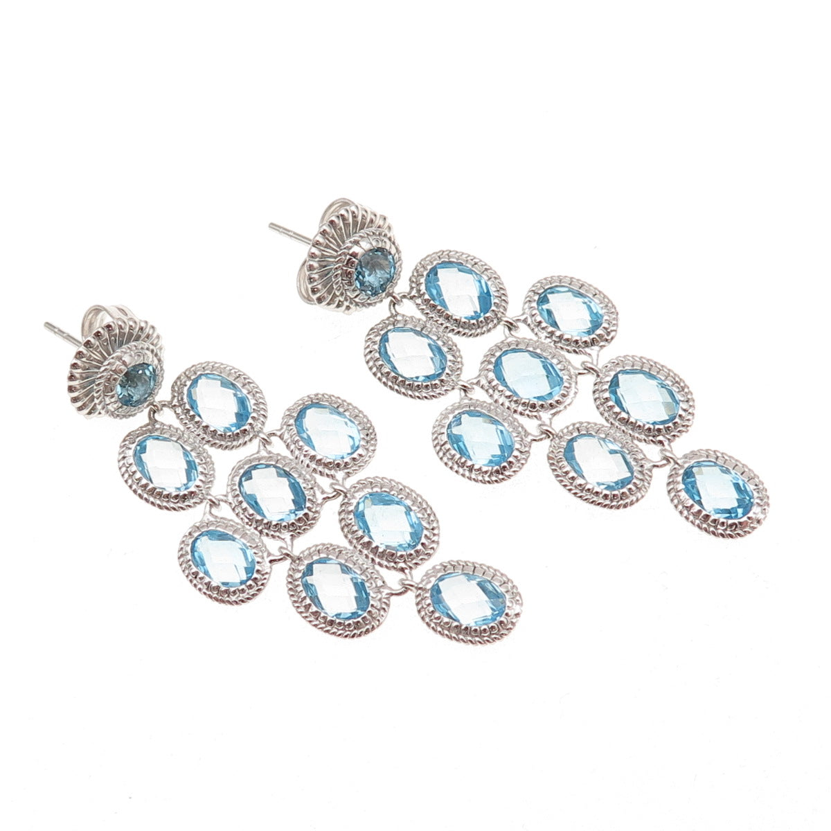 DSMK 925 Sterling Silver Real Oval-Cut Blue Topaz Dangle Earrings