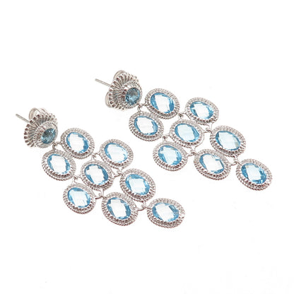 DSMK 925 Sterling Silver Real Oval-Cut Blue Topaz Dangle Earrings