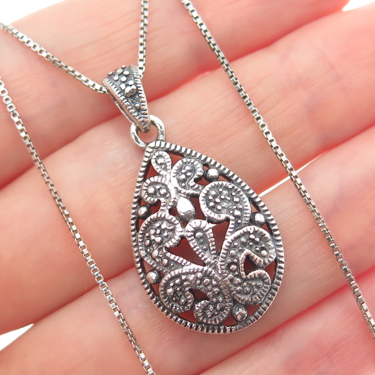 CFJ Collins Fine Sterling Silver Vintage Ornate Oxidized Box Chain Necklace 18"